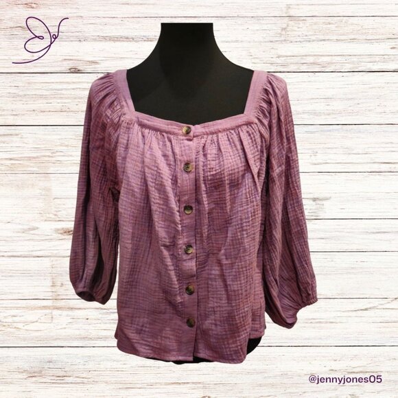 Purple Square Neck Button Front Crinkle Gauze Top-Size Large-NWT - Picture 3 of 7